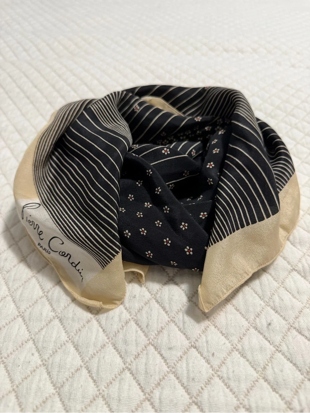 Vintage Pierre Cardin Paris Silk Scarf Black Beige Floral Striped Square 30
